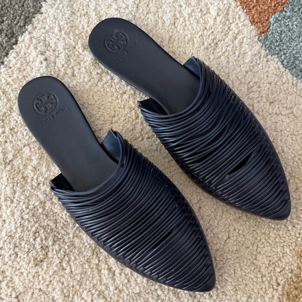 Tory Burch Navy Blue Sienna Flat Slide Leather Mules